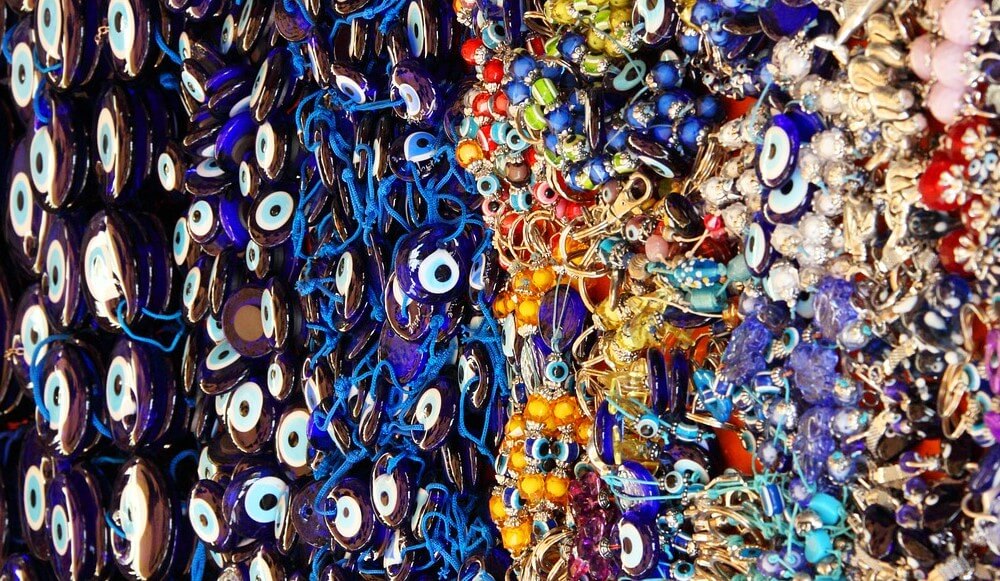 Evil eye protection, Hundreds of different glass evil eye pendants.