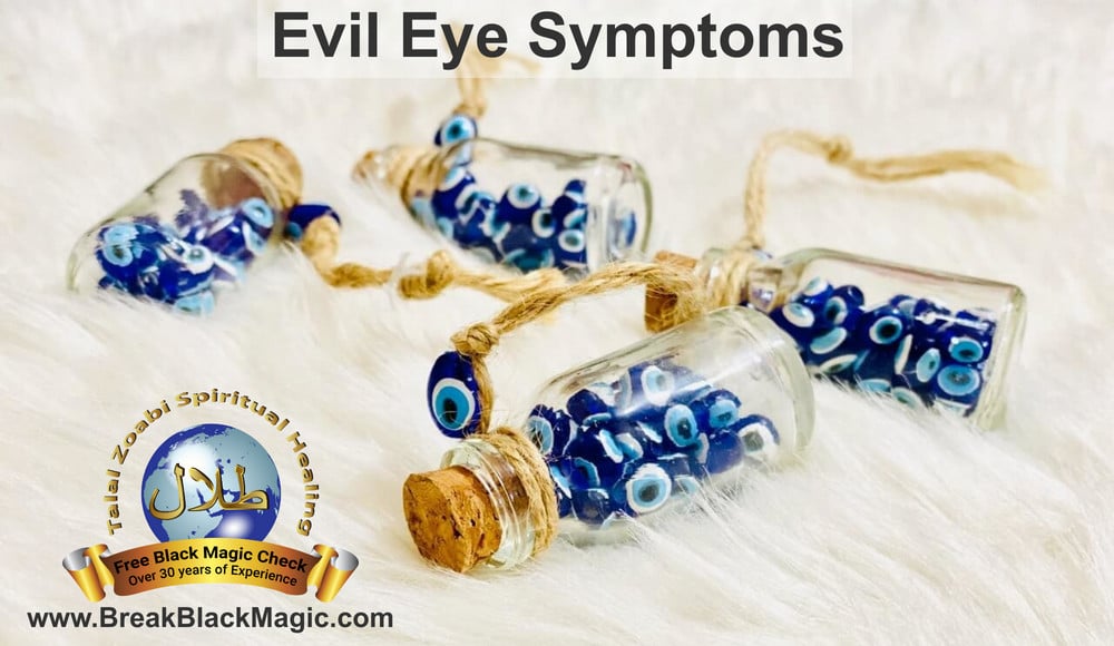 Evil eye symptoms, tiny glass evil eye beads in glass 4 glass bottles.