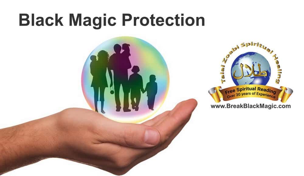 Black magic protection, hand holding a bubble that has a silhouette of a family inside.