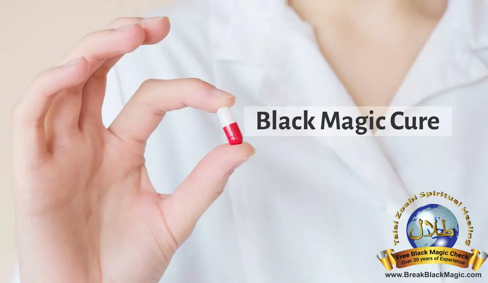 Black magic cure, man holding red and white pill.