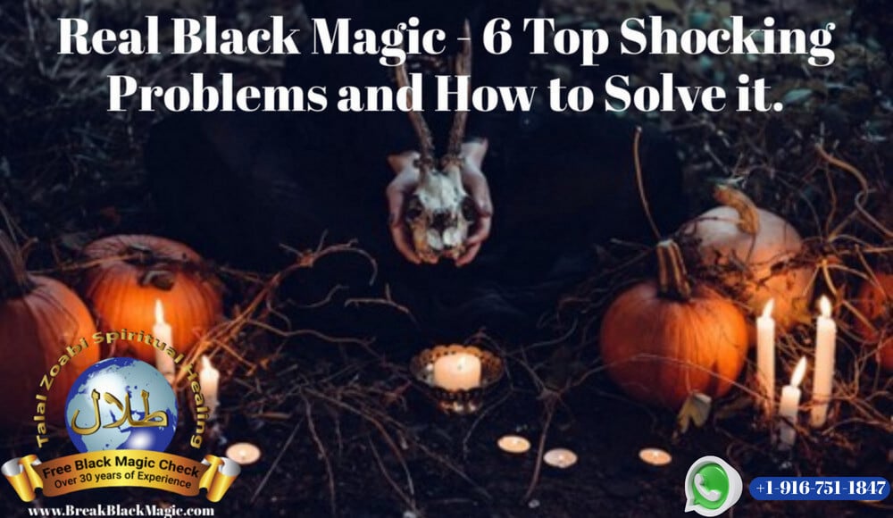 Real black magic, skull, pumpkins and candles in the dark on the ground.