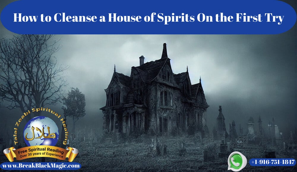 Cleanse a house of spirits, big spooky dark house in fog.