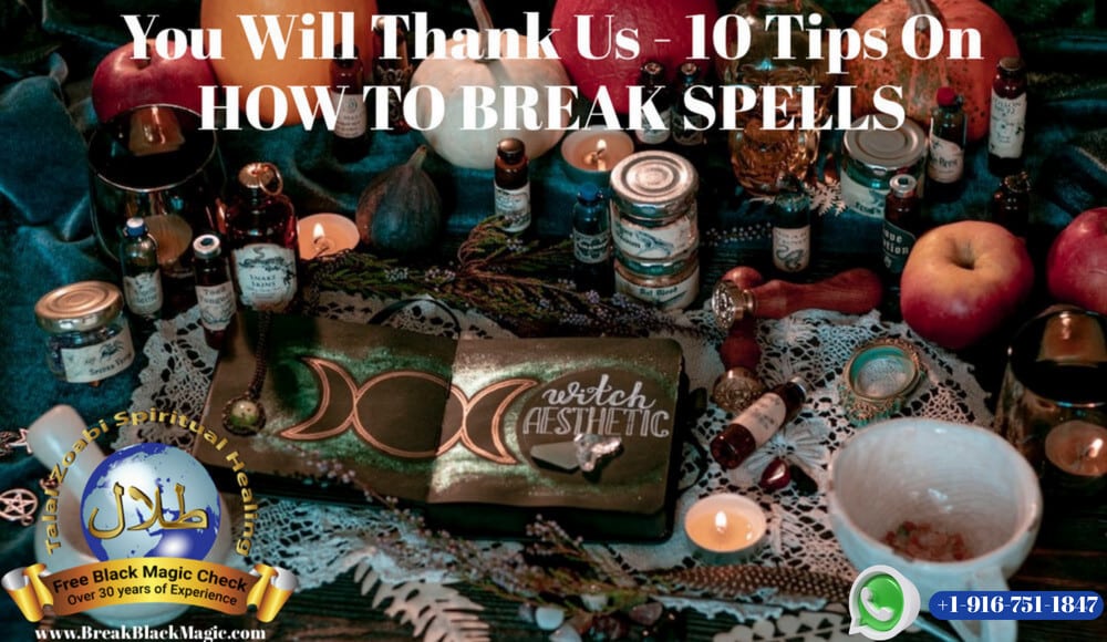 How to break spells, spell book and witchcraft items on a table with candles.