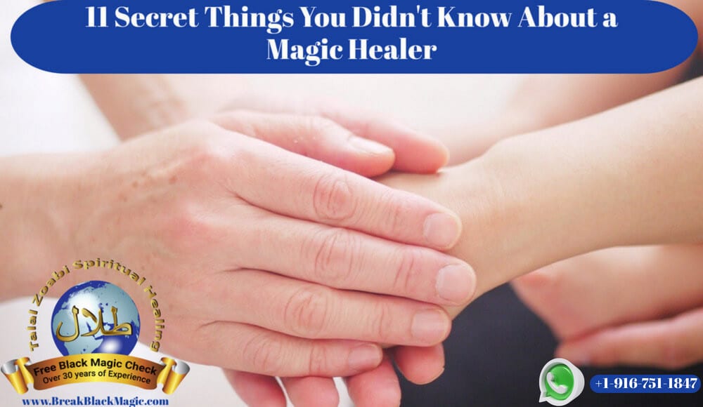 Magic healer, men's healing hands holding client's hands.