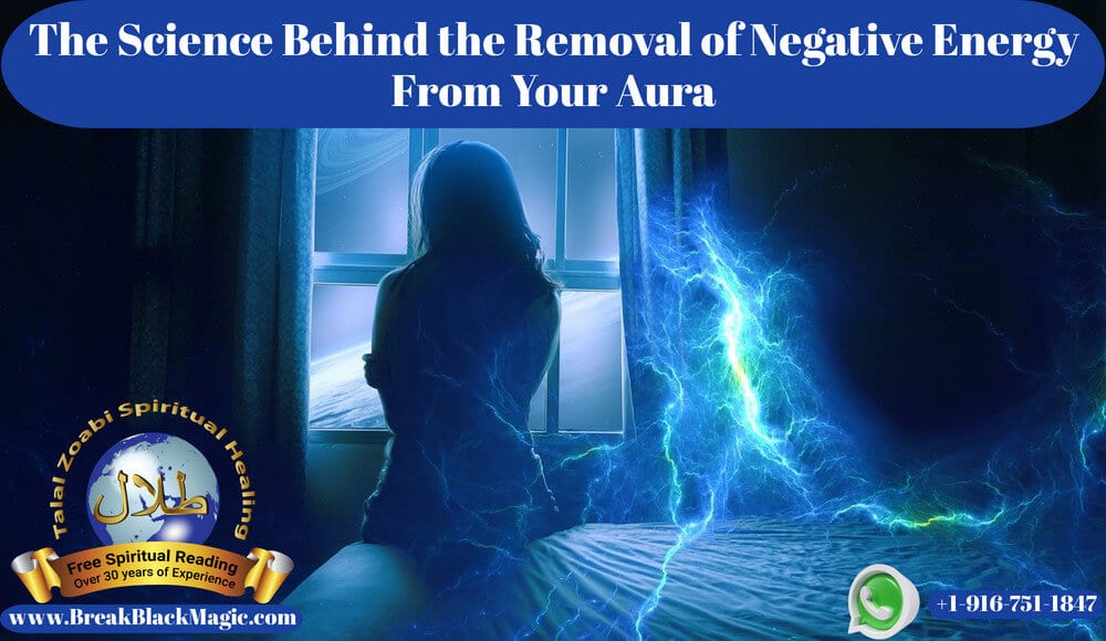 Remove negative energy from your aura, woman sitting in dark room with negative energy light behind her.